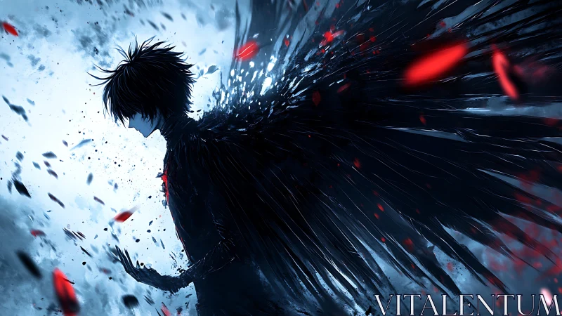 Shadow-winged silhouette with crimson kinetic shards.