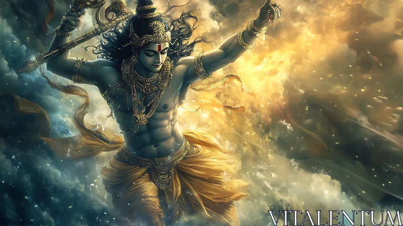 Dynamic celestial warrior in ornate golden attire in clouds.