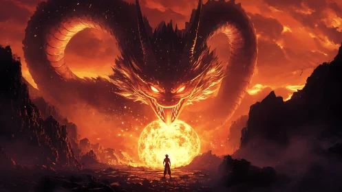 Volcanic wyrm encircling stellar core before lone figure.