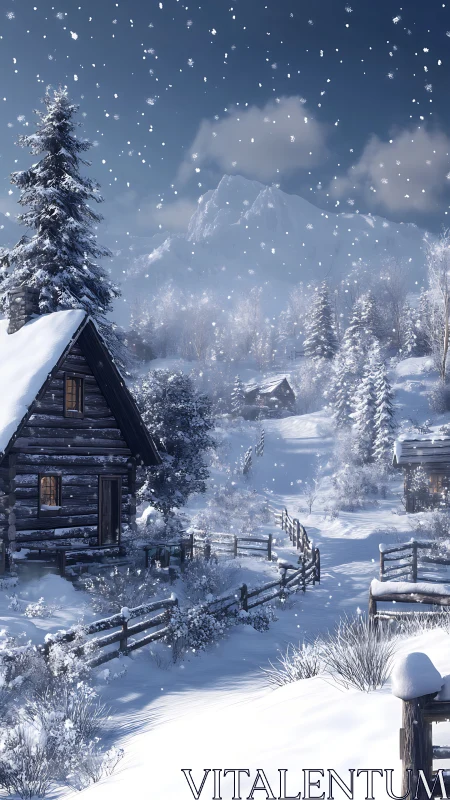 Snowfall over alpine log cabin with illuminated winter windows