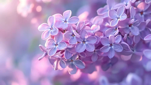 Soft focus close-up of delicate purple lilac flowers.