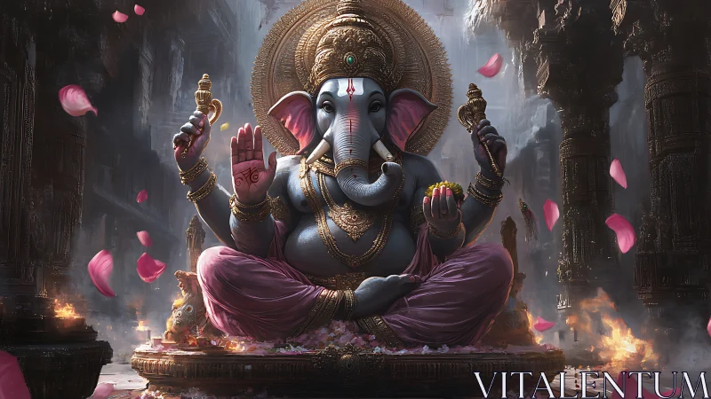 Digital painting of majestic seated Ganesha in ornate temple.
