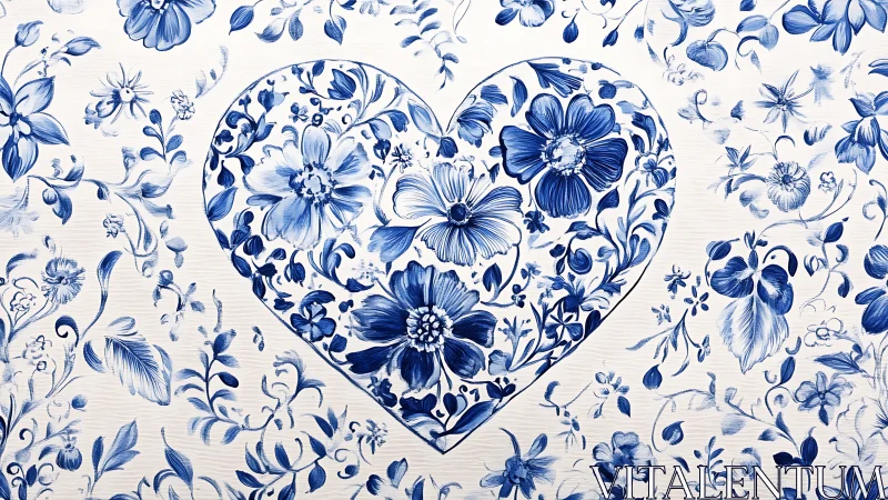 Blue and White Floral Heart with Botanical Pattern.