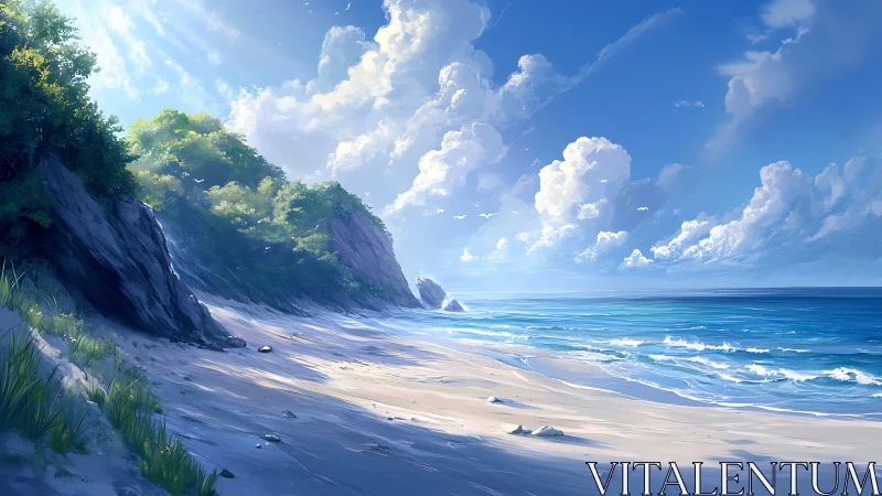 Sunlit tropical cove shows bright surf under towering clouds