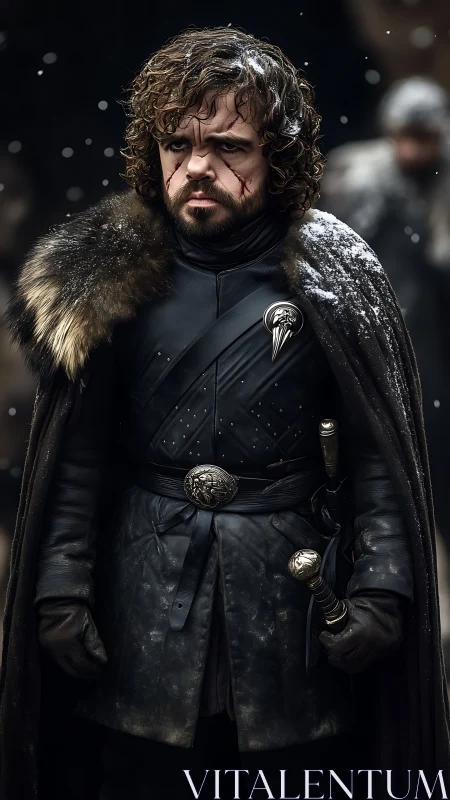 Battle-hardened dwarf warrior in winter cloak stands resolute.