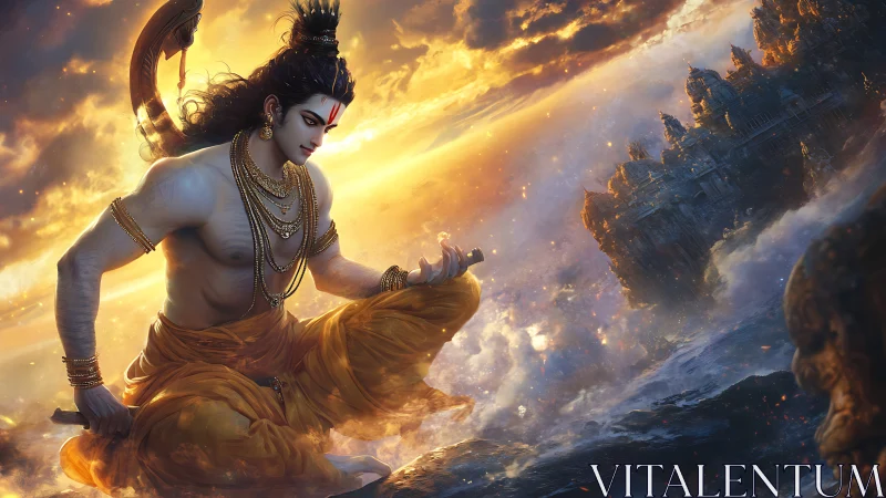 Divine warrior kneels above stormy sea at blazing sunset.