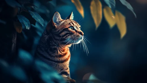 Tabby cat studies glowing leaves in teal forest dusk
