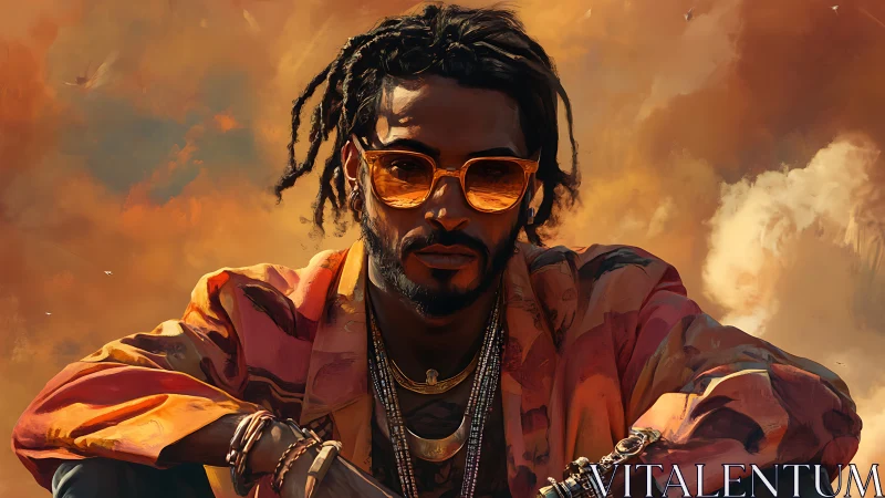 Digital portrait with cinematic lighting and warm atmospheric clouds.