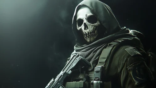 Hooded skull-masked soldier holding rifle in low light.