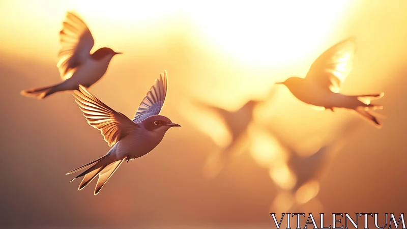 Elegant Swallows in Flight at Sunset, Soft Golden Lighting.