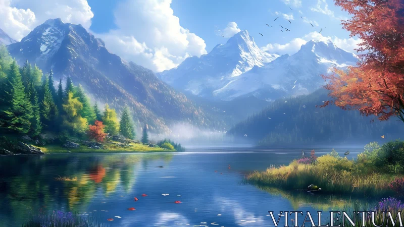 Mountain lake with conifer forest and autumn foliage.