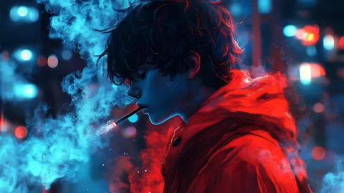 Neon-lit youth exhaling smoke in electric urban nightscape.