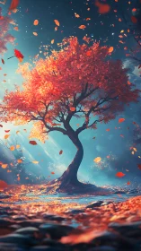 Solitary autumn tree with falling leaves under soft light.