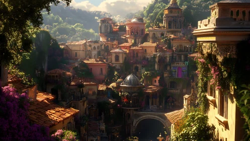 Sunlit terraced hillside city glows with warm Mediterranean light