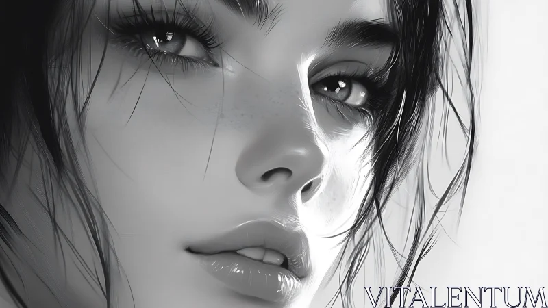 Soft monochrome portrait with luminous, thoughtful eyes.