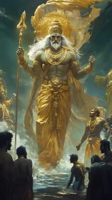 Golden divine warrior emerging from sacred waters.