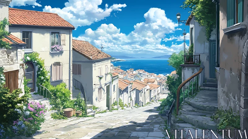 Sunlit coastal alley descending toward vivid blue harbor.