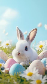 Sweet white bunny cuddled among pastel spring eggs outdoors.
