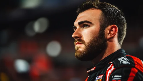 Portrait of focused racing driver in branded red suit.