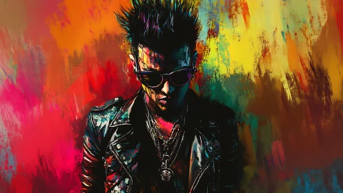 Neon punk silhouette blazing against wild color storm.