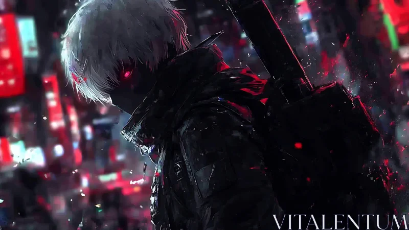 White-haired cyborg stalks neon city street at night