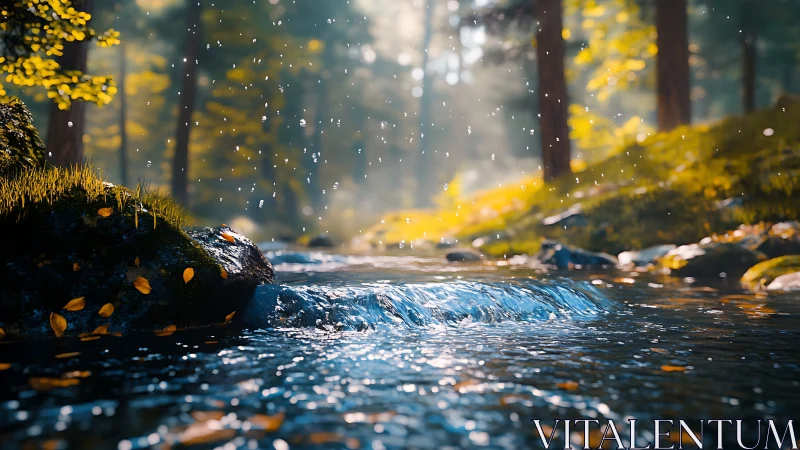 Autumn Forest Stream with Bokeh Lighting.