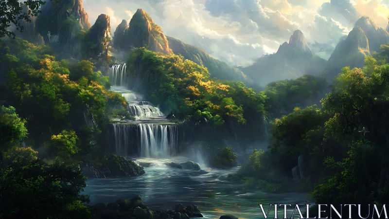 Layered forest waterfalls beneath misty mountain peaks.