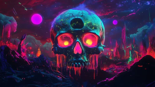 Neon cosmic skull looms over glowing apocalyptic landscape.