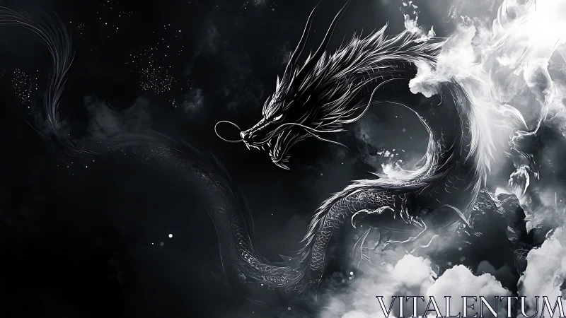 Majestic celestial dragon swirling through silver storm clouds.