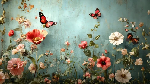 Floral Abundance with Butterflies on Weathered Teal Wall.