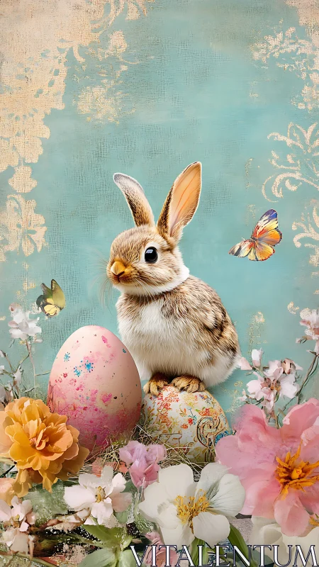 Spring rabbit atop painted eggs amid pastel blossoms.
