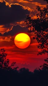 Fiery red sunset sky silhouettes dense treeline and foliage