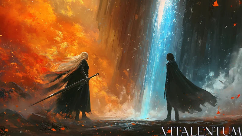 Opposed figures with swords before central light column.