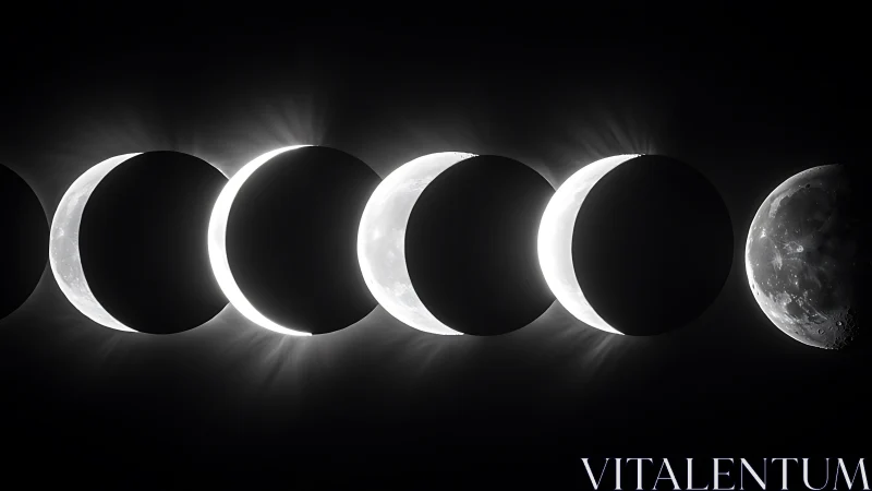 Lunar eclipse sequence with glowing solar corona silhouettes.