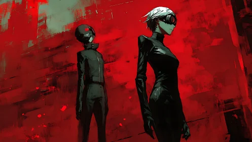 Crimson wasteland sentinels in sculpted black future armor.