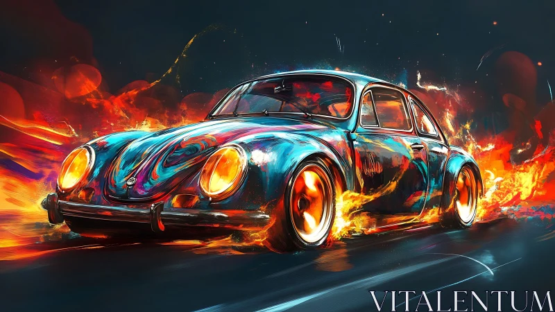 Classic compact car rendered with dynamic flame effects