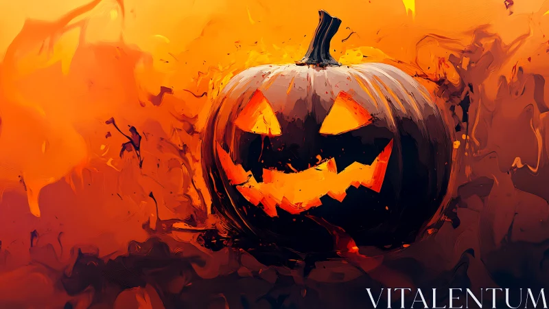 Incandescent jack o’lantern amid molten chromatic turbulence.