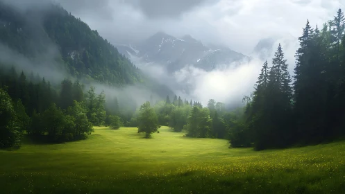 Fog-laden alpine meadow under diffuse mountain backlighting.