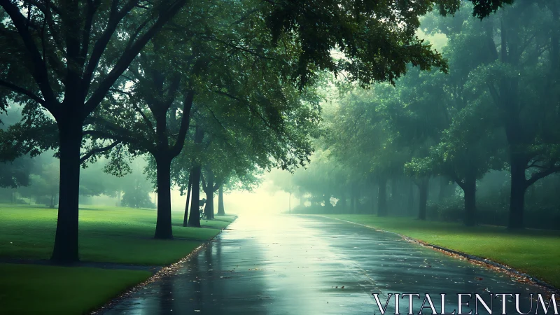 Tree lined wet park road recedes into misty distance