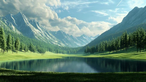 Glacial valley lake with conifer lattice and atmospheric depth mapping.