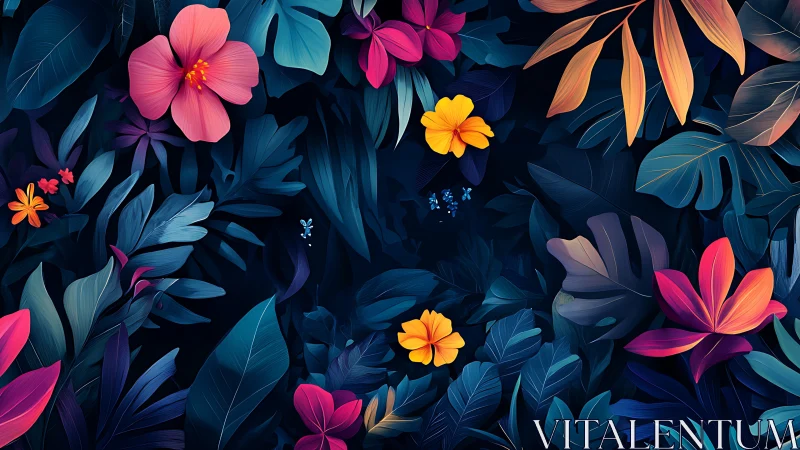 Digital tropical foliage with neon flowers at night.