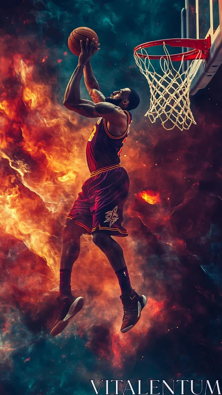 Soaring basketball hero leaping through blazing colors.