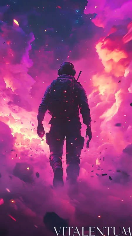 Lone armored figure walks into vivid pink nebula clouds.