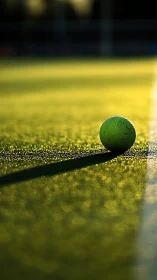 Sunlit tennis ball resting quietly on a glowing court.