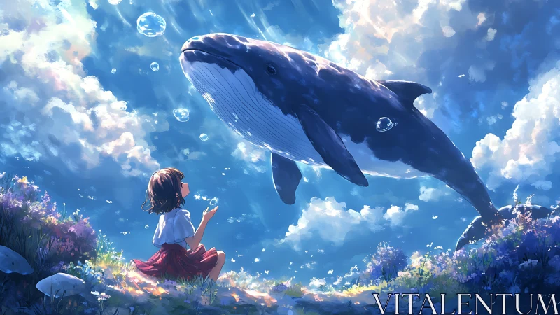 Sky meadow meeting between a gentle whale and curious girl.