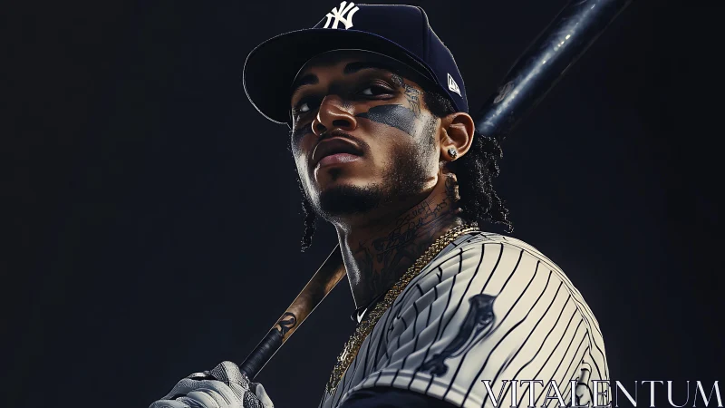 Low key portrait isolates baseball hitter in pinstripe uniform and cap