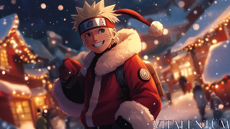 Anime winter street scene with festive lights and snowfall.