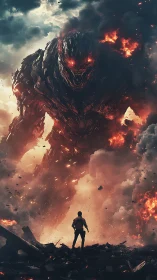 Digital painting of lone soldier vs colossal molten demon.