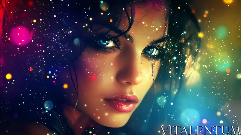 Digital portrait shows female face amid multicolored light bokeh