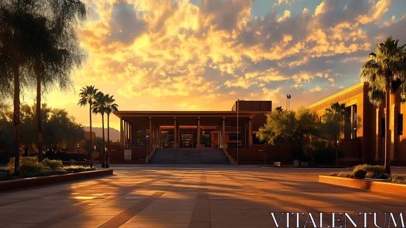 Sunlit campus entrance glows beneath a dramatic desert sky